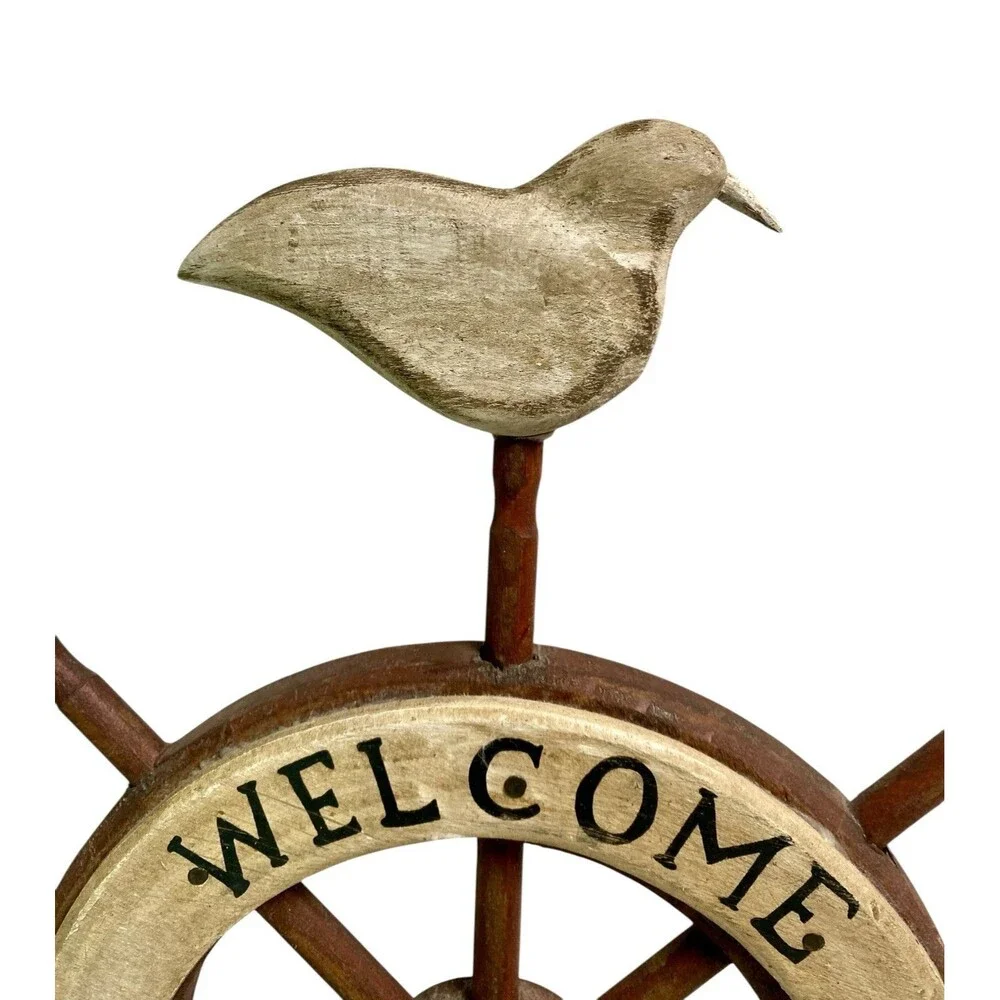 Welcome Aboard Nautical Wood Sign, Ship Wheel, Seagull Beach Decor 12x10